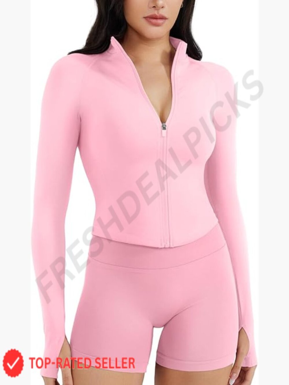 Crop Zip Up Jacket Long Sleeve Athletic Workout Top Thumb Holes Slim Fit